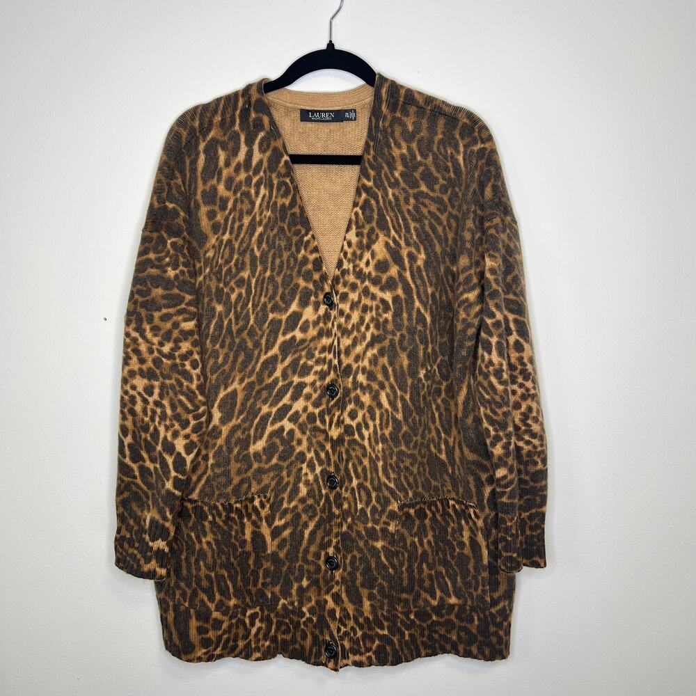 Lauren Ralph Lauren Wool Blend Animal Print Button Cardigan Black Label 2x